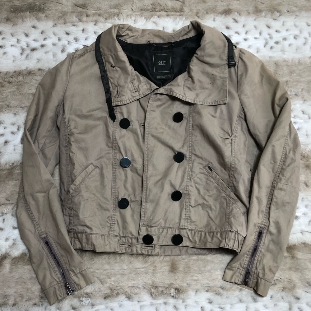 Women Obey Beige Khaki Utility Button Zipper Sleeve Collared Jacket Medium